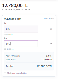 Özel ölçü ürün fiyat hesaplama mobil görünümü