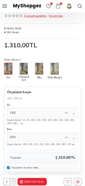 Shopgez perde geçerli en-boy seçimi ve toplam fiyat mobil gerçek ekranı